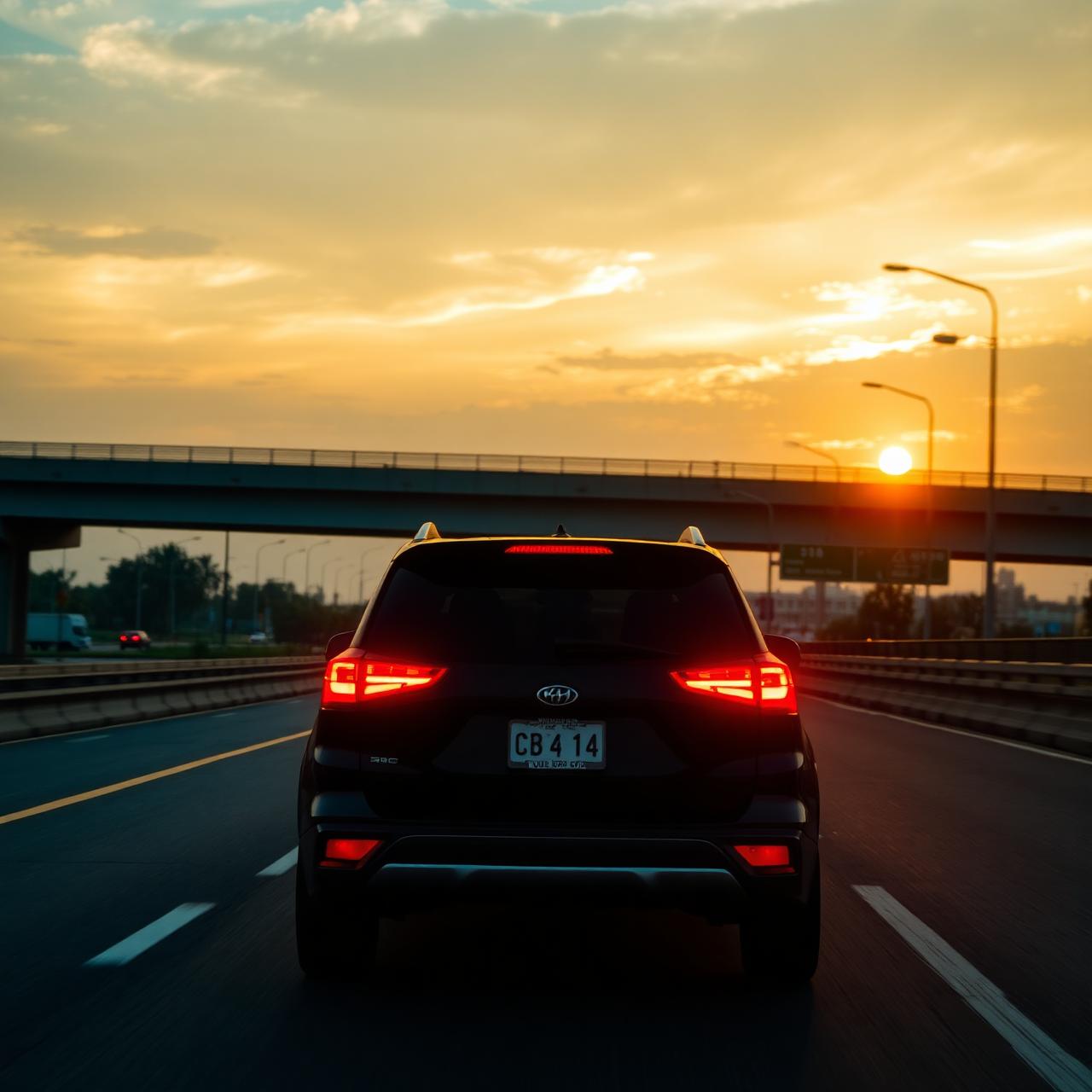 SUV driving on Nigerian expressway at sunset